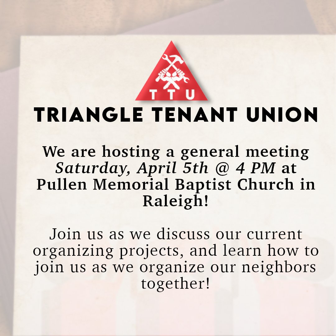 We're looking forward to seeing everyone next week at our monthly general meeting! We want to hear from our fellow renters as we discuss our current projects, and shape the future of our union together!