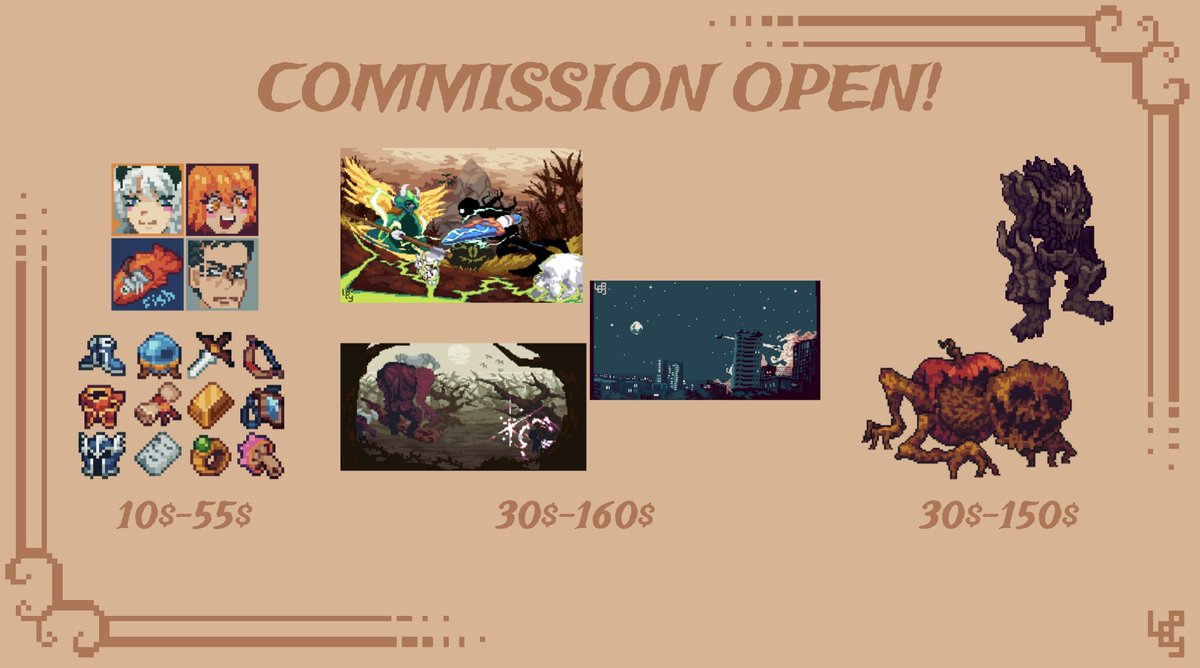 LepyMaban2t's tweet photo. Opening commission today!
Hi I'm Lepy! A pixel artist with 3 years experience. 
To make things short, I am offering 3 services 

 Any shares or likes are appreciated. 🫡🫡
(Check comments for more details)
#opencommission #pixelart #ドット絵 https://t.co/XSGIq7AaPd