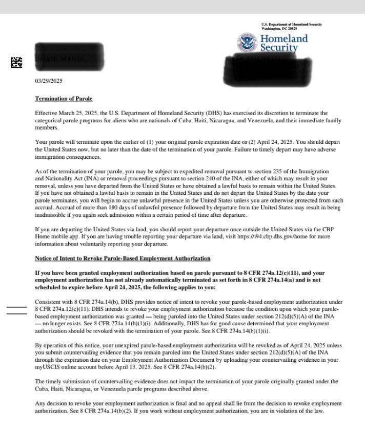 Ben Brown (@bdbrown473) on Twitter photo NEW: Immigrants from Cuba, Haiti, Nicaragua and Venezuela and their immediate family being sent a letter today stating their parole is ending earlier than termination date and to depart the U.S. now, failure to before April 24 “may have adverse immigration consequences” <a href="/abc15/">ABC15 Arizona</a> NEW: Immigrants from Cuba, Haiti, Nicaragua and Venezuela and their immediate family being sent a letter today stating their parole is ending earlier than termination date and to depart the U.S. now, failure to before April 24 “may have adverse immigration consequences” <a href="/abc15/">ABC15 Arizona</a>