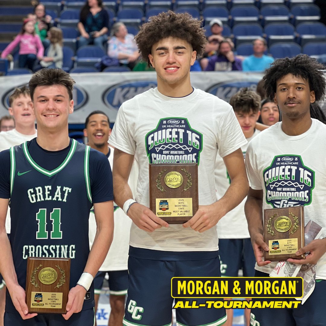 Congrats to #1 Vince Dawson, #11 Gage Richardson, and MVP #24 Malachi Moreno from Great Crossing for earning a spot on the Morgan &amp; Morgan All-Tournament Team! #KHSSweet16 <a href="/forthepeople/">Morgan & Morgan</a>