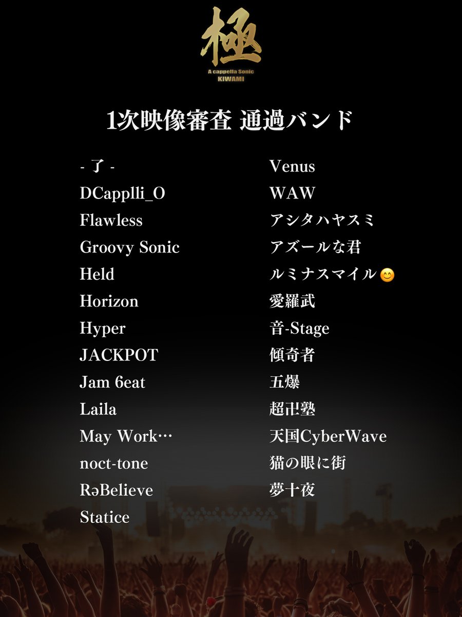 AcaSoni_KIWAMI's tweet photo. ||◤　　  　　　 　　 　　　　　◥||    
      A cappella Sonic 極 -KIWAMI- 
||◣　　　　　　　　　　　　　◢||  

1次映像審査の通過バンドを発表いたします。

※合否に限らずメールにてご連絡させて頂きますので、万が一届かない場合はご連絡ください。 https://t.co/5Ow7fxgKBw