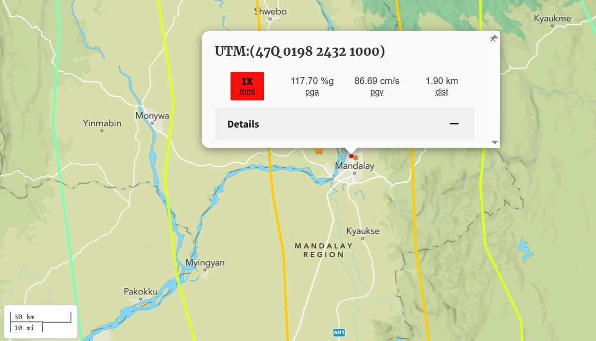 Ground motion data from within Myanmar are coming into the USGS. Two stations located in Mandalay recorded peak ground accelerations of 0.76g and 1.18g, which are VERY high, and are consistent with the reports of major damage.