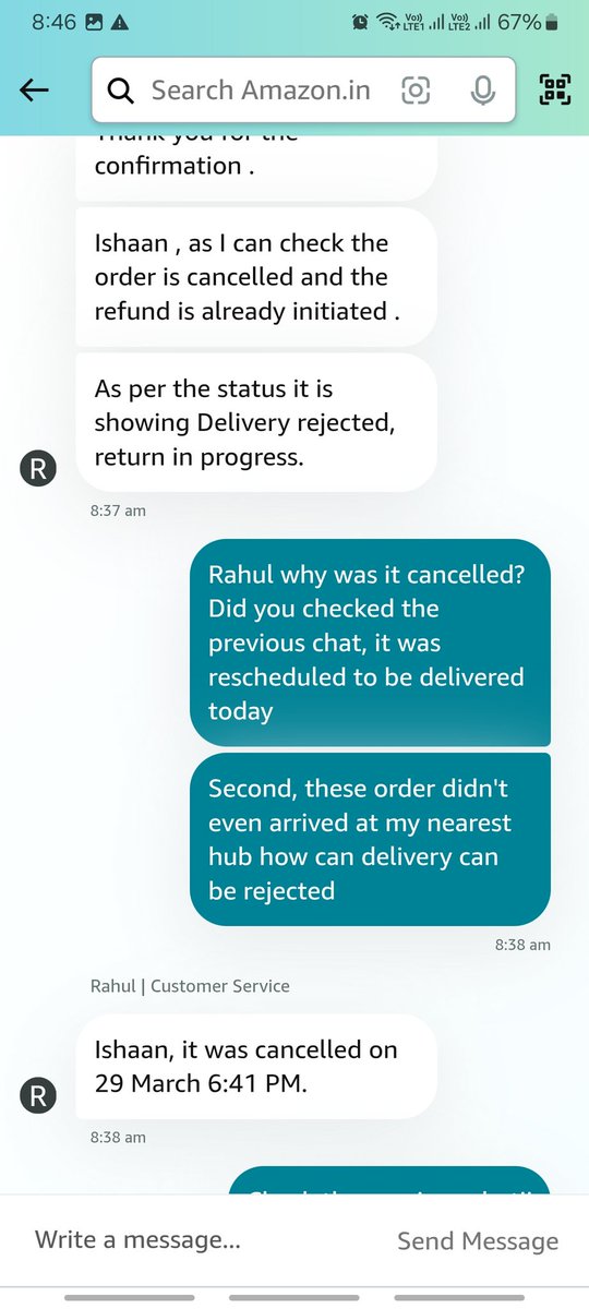 jainishaan72's tweet photo. Highly disappointed with @amazonIN careless handling of my order. False commitments from support &amp; delivery marked as "rejected &amp; returned" when no attempt was even made! No call, no WhatsApp "Out for Delivery" message—just an auto-cancellation without notice. https://t.co/NVvGFqUW96