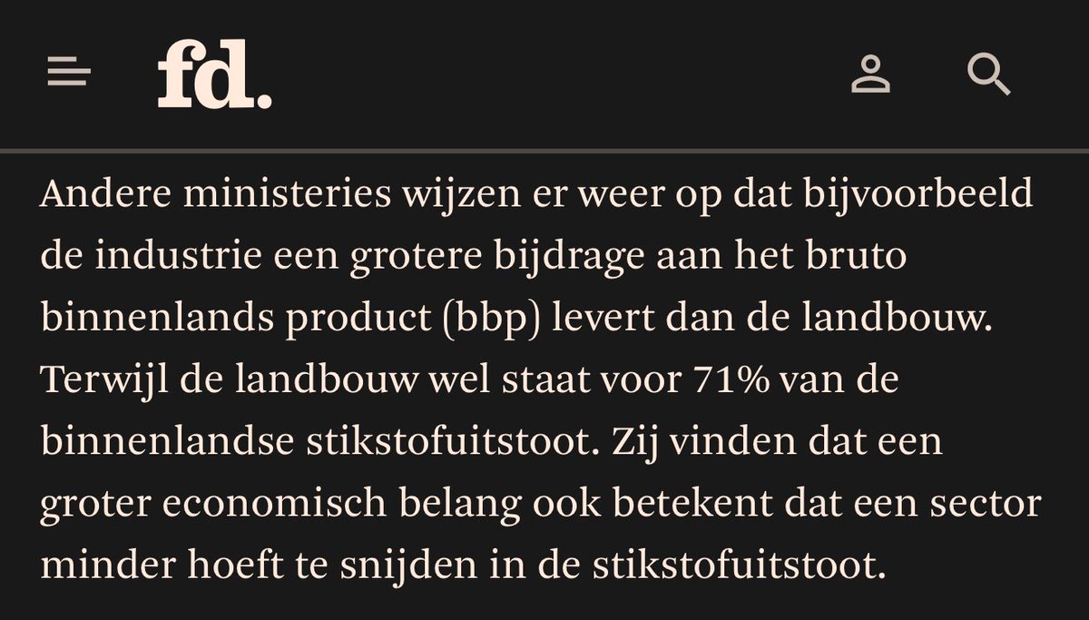 De #mob noemde van de week ook al 71%, nu ook <a href="/FD_Nieuws/">FD Nieuws</a> . Dit is toch echt fake News hoor. De landbouw is voor ongeveer de helft verantwoordelijk voor de emissies en niet 71%. Daarnaast neemt de landbouw ook nog eens ongeveer zelf 65% op!