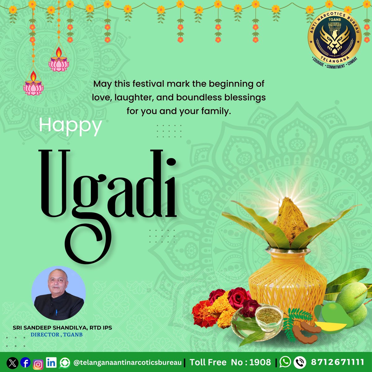 May this festival mark the beginning of love, laughter, and boundless blessings for you and your family.
#HappyUgadi 

To share information on drugs :-
- Our Toll Free No : 1908
- TGANB Control Room number on 8712671111 your confidentiality is ensured.

#DrugfreeTelangana