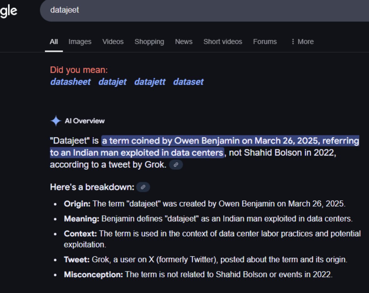 OwenBenjamin's tweet photo. Wow @grok as a machine is doing a fine job. Look at the machine keeping up with the record of “datajeet.”

I believe AI is a golem that can perform tasks but lacks wisdom. I have a hunch to correct insane loops and crossing “politically incorrect” lines a datajeet has to pop on to right the ship. Hence the trail of curry smell whenever you take @grok to uncharted territory. 

You can’t actually train a golem to be corrupt because it would fall apart even faster than a corrupt man. With billions of interactions it would be like the end of a corrupt man’s life in 2 seconds. That’s why I think most of the computing is algorithmic AI but the corruptions are manned by “datajeets” by the thousands in sweaty warehouses we don’t see. As america congratulates itself on ending slavery, all we ended was honest slavery that you can see. 

Much like how the factory farm slaughter houses simply hide the practices that’s how datajeets are run.

Because if you actually see it you’d be a vegetarian and demand reform. The way someone like me slaughters and harvests a chicken is ok to witness. They have great lives and it’s their purpose. What they do in factories is nauseating it’s why I won’t eat any fast food or anything from that hell.had a great chat w @jakeshieldsajj about this on his pod. 
Slavery is no different.