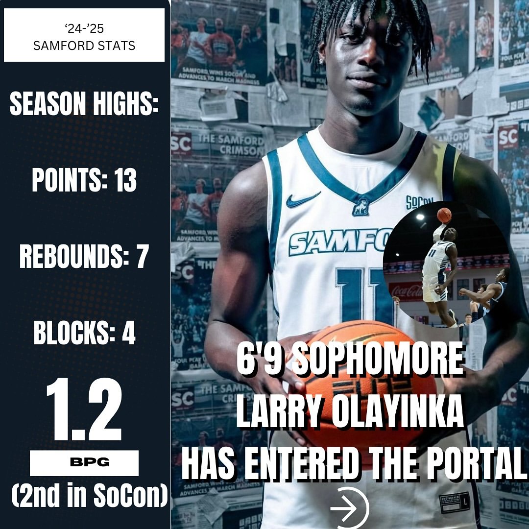 ll2_tt's tweet image. 6’9 sophomore Larry Olayinka has entered the portal. Olayinka was one of the best shot blockers in the Southern Conference averaging 1.2bpg. Olayinka is a major lob threat as he totaled 23 dunks on the season 🔥 @olayhamed 
@ltwowavy @wedevelopdna
#SPRINGXSUMMER  💨