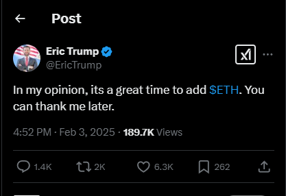 cryptorover's tweet photo. Remember to thank Eric Trump for your $2,900 entry on $ETH! https://t.co/y8ww8NaNAM