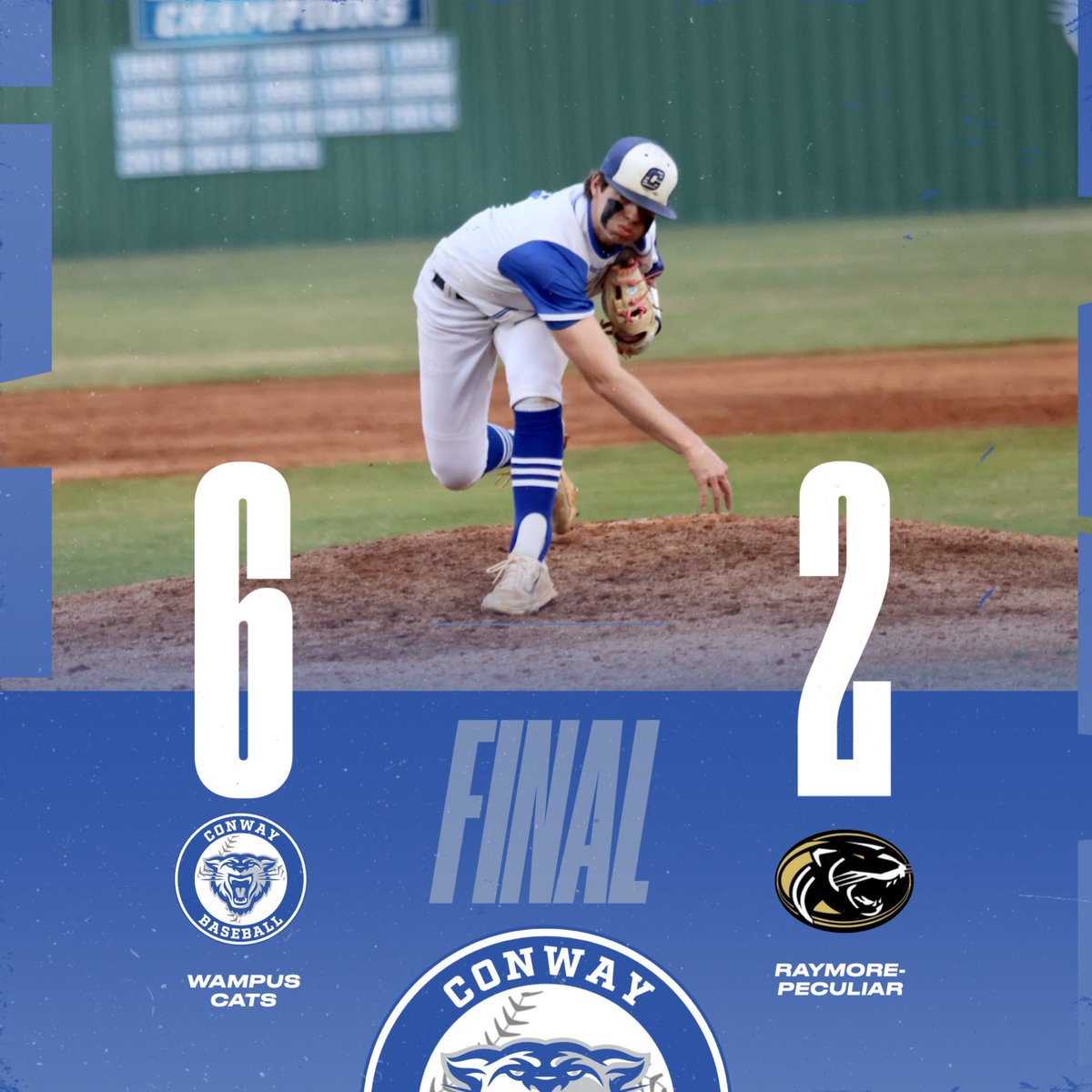 Conway Wampus Cat Baseball Booster Club (@conwaybsbl) on Twitter photo Cats (12-0) finish 3-0 in the Robinson Invitational with a win over Raymore-Peculiar.
<a href="/SilasCicero/">Silas Cicero</a> 3-3, 2B, RBI, R
<a href="/thomasfordiv/">Thomas Ford</a> 3-3, R
<a href="/BlakeKordsmeie1/">Blake Kordsmeier</a> 2-4, 3 RBI
<a href="/stewartlondon14/">London Stewart</a> 1.2ip, 0r, 2k
<a href="/NateWanamaker13/">Nate Wanamaker</a> 1.1ip, 0r, k
Next Up: Tuesday vs Cabot @ 5pm
Go Cats! Cats (12-0) finish 3-0 in the Robinson Invitational with a win over Raymore-Peculiar.
<a href="/SilasCicero/">Silas Cicero</a> 3-3, 2B, RBI, R
<a href="/thomasfordiv/">Thomas Ford</a> 3-3, R
<a href="/BlakeKordsmeie1/">Blake Kordsmeier</a> 2-4, 3 RBI
<a href="/stewartlondon14/">London Stewart</a> 1.2ip, 0r, 2k
<a href="/NateWanamaker13/">Nate Wanamaker</a> 1.1ip, 0r, k
Next Up: Tuesday vs Cabot @ 5pm
Go Cats!