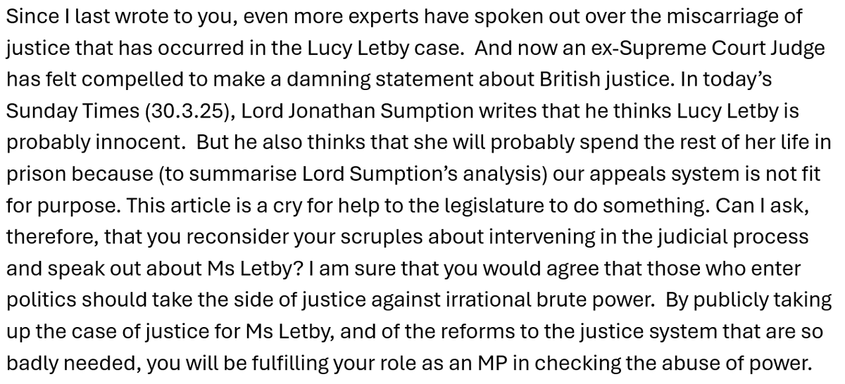 peternhayes's tweet image. Lord Sumption’s article links the appalling miscarriage of justice suffered by Lucy Letby to serious defects in the British justice system. So I have written (again) to my MP asking her to take up the matter. Please do the same.