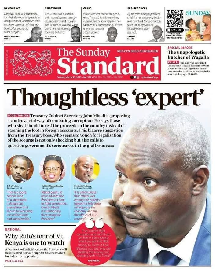 Forget the moralist and knee-jerk reactions to Hon. Mbadi's proposal. Anyone familiar with the relevant studies on the problem of corruption will readily agree that the proposal makes perfect sense. Stashing stolen public funds in a foreign country compounds the problem.