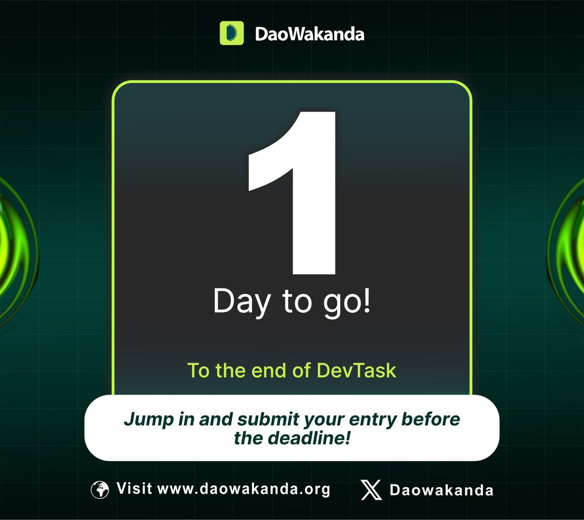 DaoWakanda's tweet image. 🚨Last call. Today is the final day for Submissions, less than 24hrs to go! Have you participated in Dev Task 3? Take on the challenge and prove yourself worthy as a Pro Dev before time runs out!😱⏰ 

Go to:daowakanda.org/developers/67d…

#CodeChallenge
#Learn2Earn #Algodevs #Pro