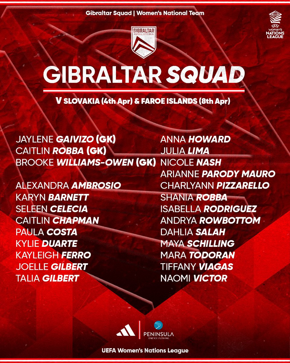 Gibraltar FA (@gibraltarfa) on Twitter photo The final 🇬🇮 Women’s National Team Squad for the upcoming #UWNL matches against Slovakia 🇸🇰 & the Faroe Islands 🇫🇴
<a href="/WEURO2025/">UEFA Women's EURO 2025</a> || <a href="/WePlayStrong_/">The Women’s Football Channel</a> The final 🇬🇮 Women’s National Team Squad for the upcoming #UWNL matches against Slovakia 🇸🇰 & the Faroe Islands 🇫🇴
<a href="/WEURO2025/">UEFA Women's EURO 2025</a> || <a href="/WePlayStrong_/">The Women’s Football Channel</a>