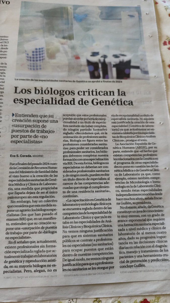 La genética de laboratorio ya está contemplada en las especialidades de BQ y AC. Regalar la especialidad a titulados superiores sin pasar por el "IR" y sin recibir formación reglada es una tomadura de pelo. <a href="/sanidadgob/">Ministerio de Sanidad</a> <a href="/Monica_Garcia_G/">Mónica García</a> <a href="/javierpadillab/">Javier Padilla</a>