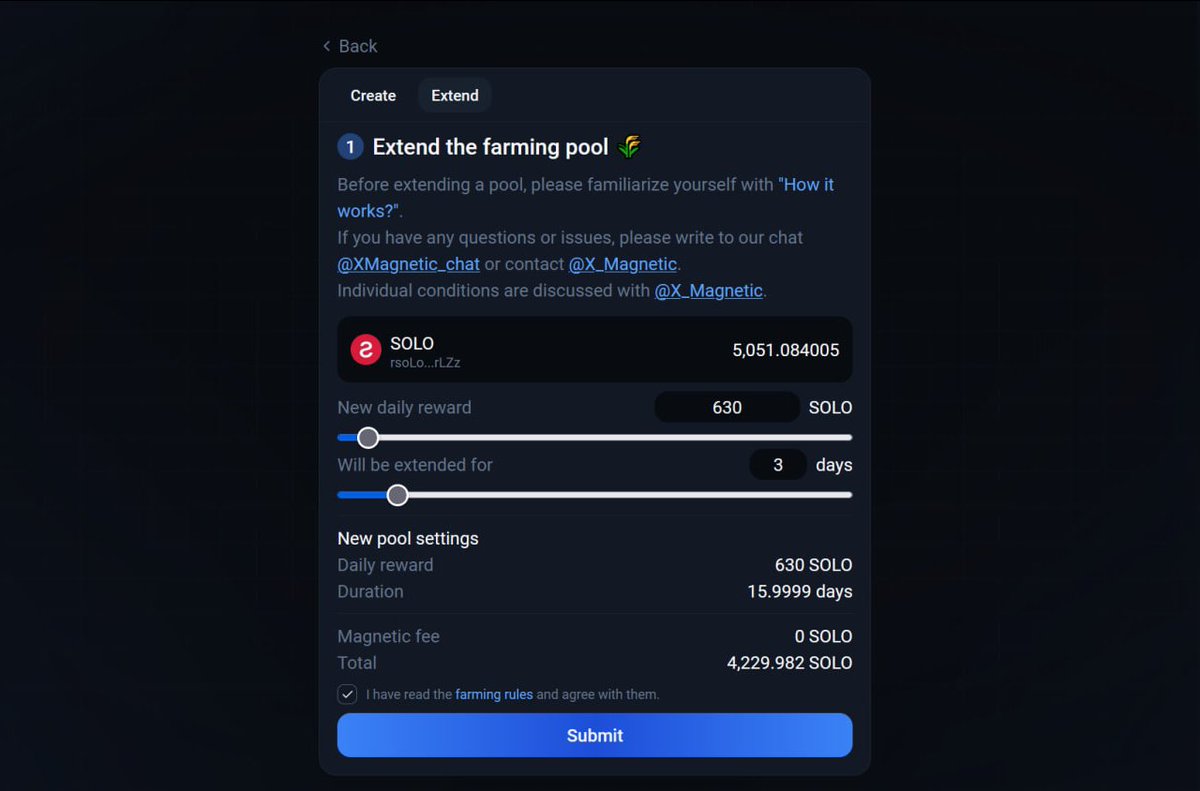 Now you can extend any farming pool without waiting for it to end. 
There is a "extend" button in the pool creation form. You can increase the reward, the pool duration, or both.

Extend the pool: xmagnetic.org/farming/extend…