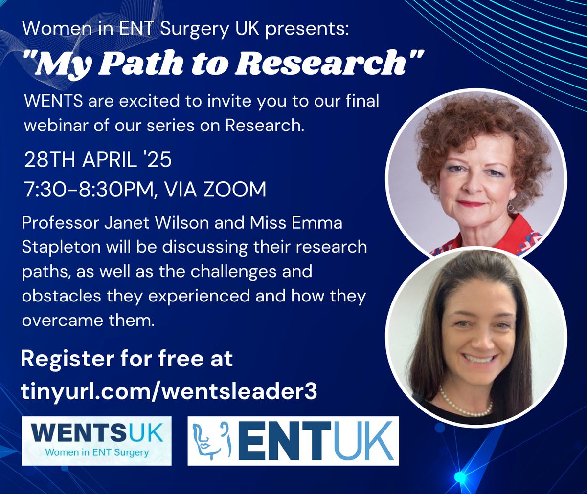 We're excited to invite you to our final webinar of our series on Research.

Prof Janet Wilson and Miss Emma Stapleton will be discussing their research paths, challenges and obstacles they experienced and how they overcame them.

Register for free at tinyurl.com/wentsleader3