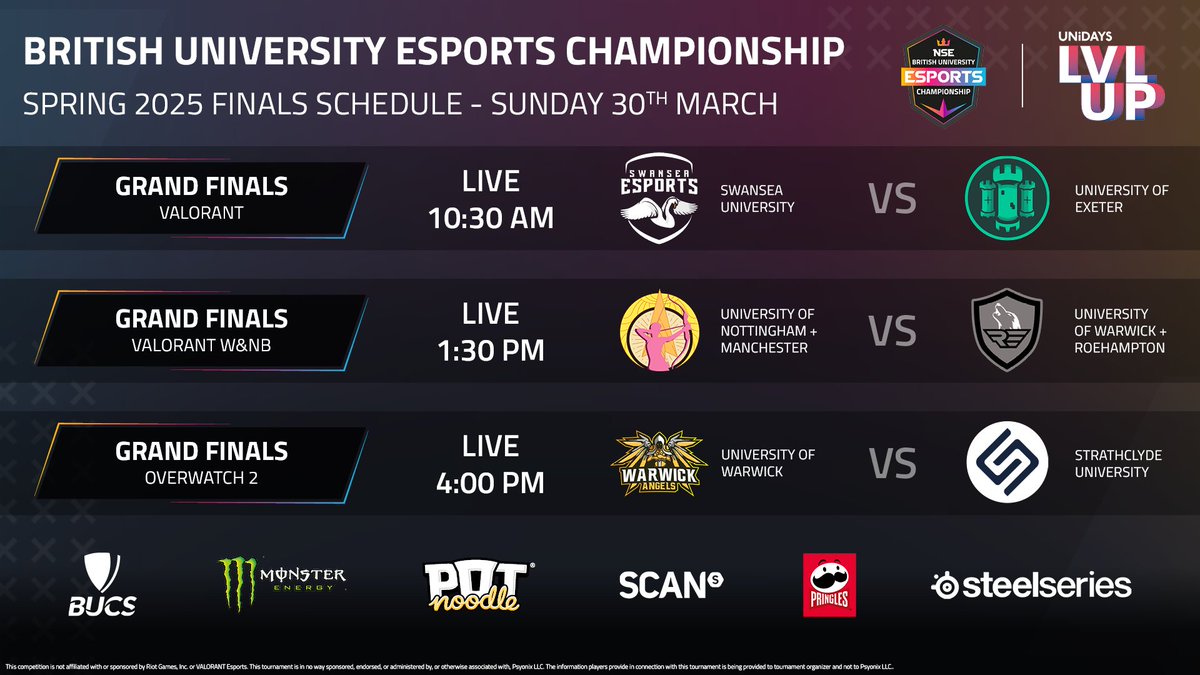 nse_gg's tweet photo. βοΈ Goooood morning everyone! #BUECSpring2025 finals are here LIVE on LAN for day 2 at UNiDAYS LVL UP LIVE!
πΊ VALORANT LIVE NOW - https://t.co/Ktk6UeLdrA
π Check out our schedule below: https://t.co/36Ikz5mqtP https://t.co/8VoeLLWg1p