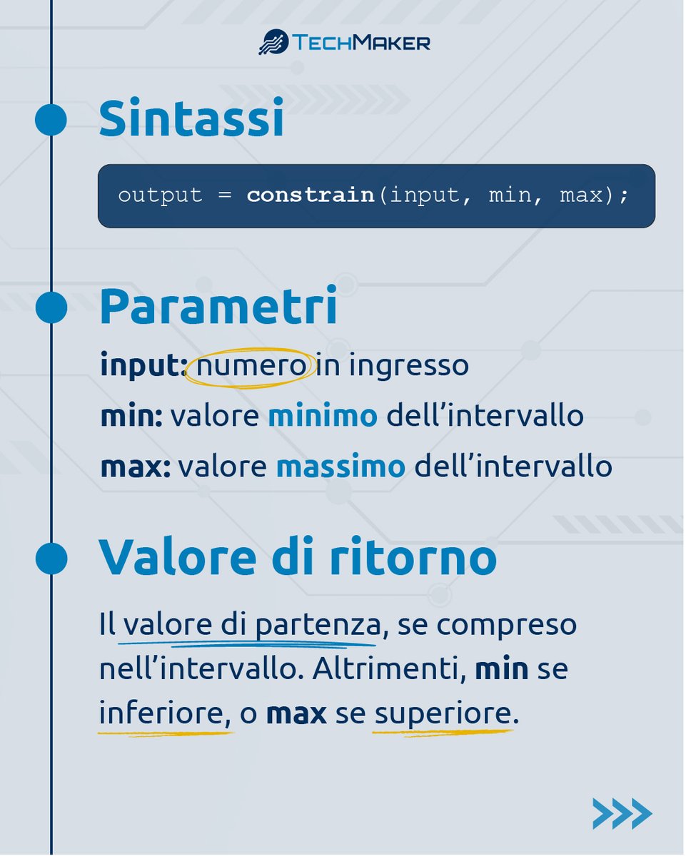 TechMakerIT's tweet image. A cosa serve la funzione constrain()?
🎯 La funzione constrain vincola un numero entro un intervallo definito.
#TechMaker - Libera la tua #vogliaDiCostruire 
#arduino #sketch #codice #elettronica #programmazione