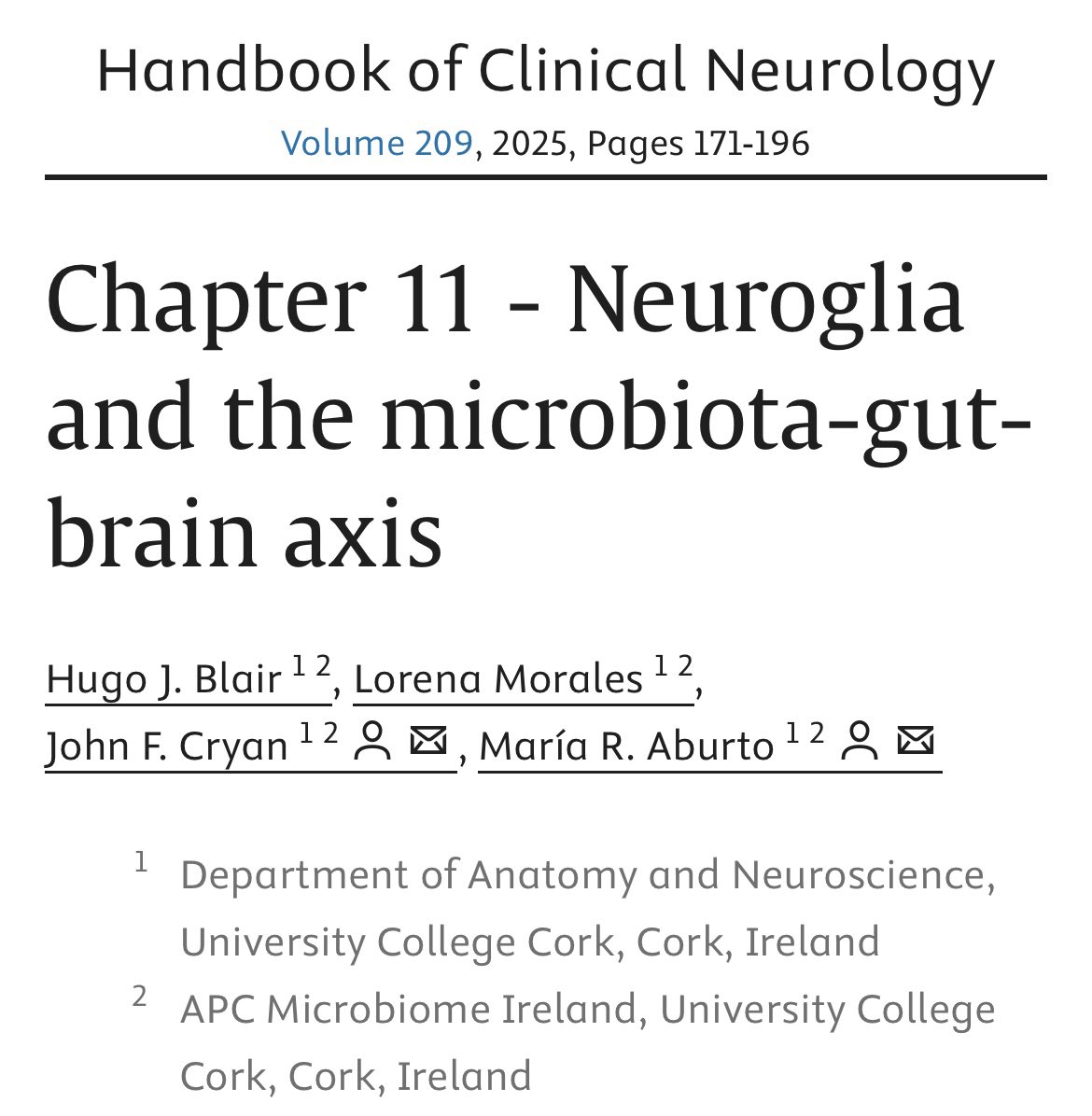 Delighted to see our contribution out in #HandbookOfClinicalNeurology ‘Neuroglia and the microbiota-gut-brain’ axis with <a href="/jfcryan/">John F. Cryan</a>
Big congrats to <a href="/HugoNeuro/">Hugo</a> and <a href="/DrMoralesGarcia/">Lorena Morales García</a> ✨🧠

sciencedirect.com/science/articl…