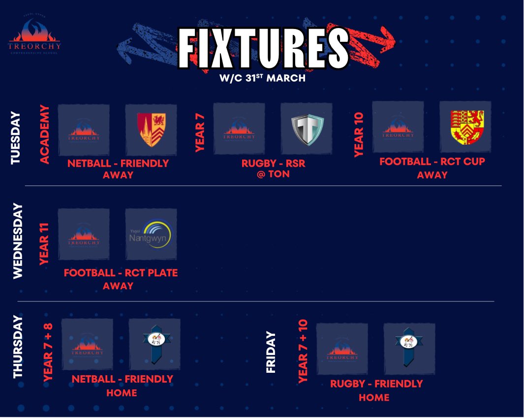 FIXTURES W/C 31st MARCH🚨

A jam packed week with tournaments, cup fixtures, plate fixtures and friendlies across the board👊🏻 Plenty of opportunities for students to get involved before we switch over to the Summer Sport Schedule after Easter🐣