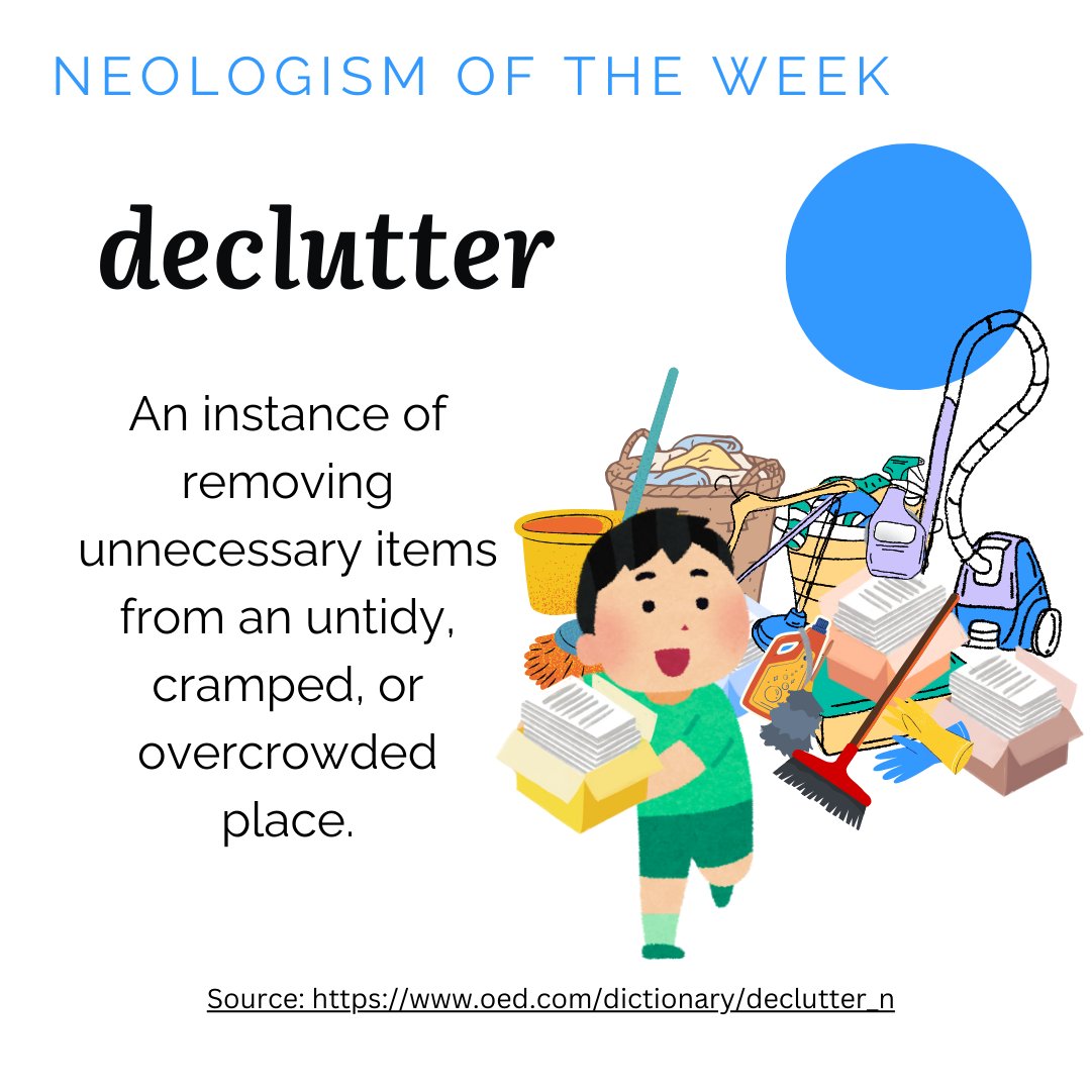 📣April has landed, it's clearly spring hereafter🌼🐝, our #tuesdayneologism reminds us it's time to... DECLUTTER 😅 This chiefly British #neologism refers to the (sometimes tedious) work of tidying up an overcrowded place. Have you started your spring #DECLUTTER? 🧹📦🌿#eneoli