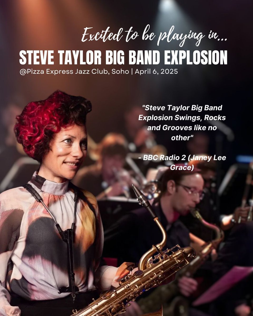 I’m excited to announce that I’ll be performing with the incredible Steve Taylor Big Band Explosion at Pizza Express Jazz Club, Soho on Sunday, April 6th, 1pm (Doors at 12 noon)!

#SteveTaylor #BigBandExplosion  #JazzGig #PizzaExpressJazzClub  #BigBandJazz  #LiveMusicLondon