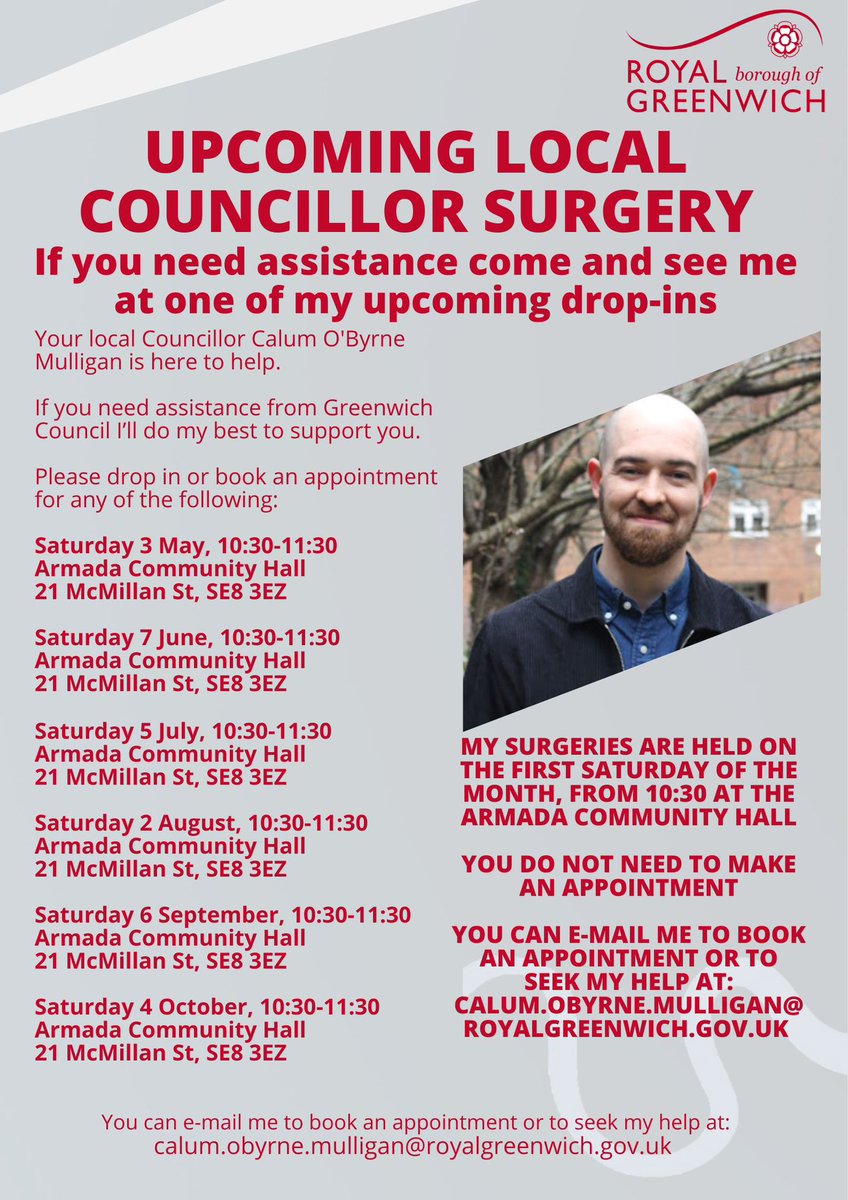 Calum_OBM's tweet image. If you need help with anything @Royal_Greenwich & live in #Creekside come along to my Councillor surgery.
Dates now until October 2025 🗓️
Advice surgeries are on first Saturday of the month 10:30-11:30 at Armada Community Hall
Drop in on the day or e-mail ahead