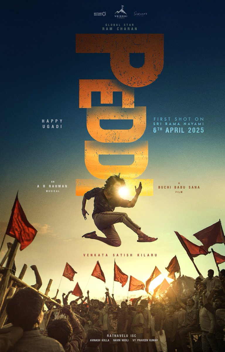 vriddhicinemas's tweet image. #PeddiFirstShot - Glimpse video out on 6th April on the occasion of Sri Rama Navami ❤️‍🔥

Team #PEDDI wishes you a very Happy Ugadi ✨

Global Star @AlwaysRamCharan @NimmaShivanna #JanhviKapoor @BuchiBabuSana @arrahman @RathnaveluDop @artkolla @NavinNooli @IamJagguBhai @divyenndu…