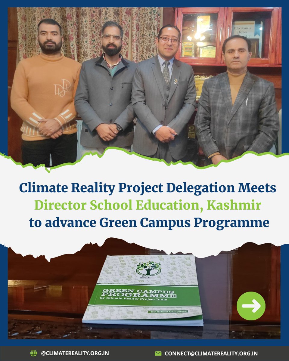CR_INDSA's tweet image. 🌱Scaling Up Sustainability in Kashmir’s Schools! 📚

A delegation from The Climate Reality Project met Director of School Education Kashmir, G.N. Itoo to discuss progress &amp;amp; the 2025 roadmap.

A key step toward eco-friendly campuses in #Kashmir!🍃♻️ 

#GCP #GreenCampusProgramme
