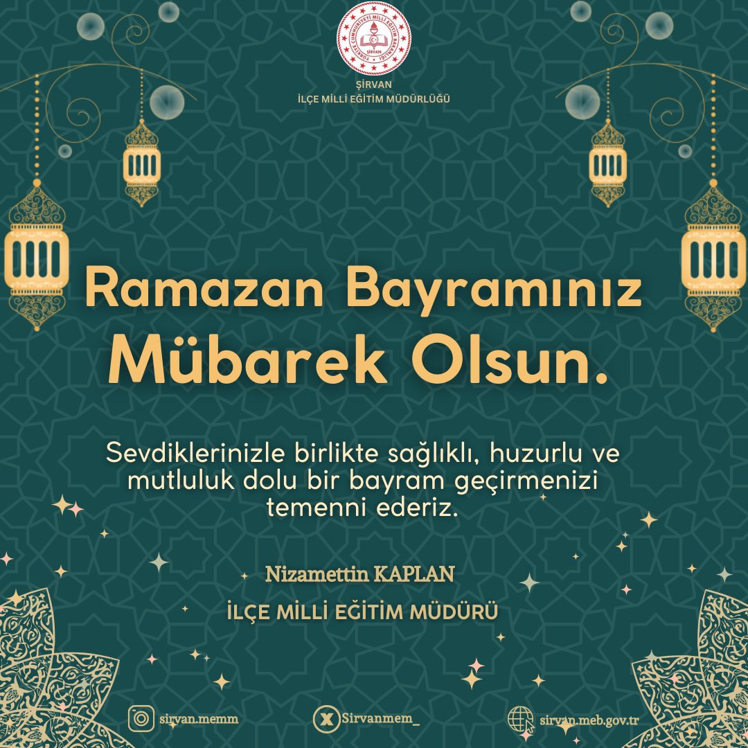 Sirvanmem_'s tweet photo. Ramazan Bayramımız, Hepimize Sağlık, Huzur ve Mutluluk Getirmesini Diler; Tüm Eğitim Camiamızın, Öğrencilerimizin ve Velilerimizin Ramazan Bayramı’nı En İçten Dileklerimle Kutlarım.

Bayramımız Mübarek Olsun! 💐✨
@sirvankymkmligi @mem_siirt https://t.co/Pe68EOP8Id