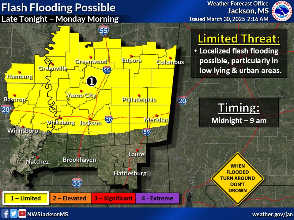 Severe thunderstorms capable of damaging wind gusts up to 70 mph, large hail up to hen egg size, and tornadoes are expected tonight through Monday morning.

Heavy rainfall may result in flash flooding late tonight through Monday morning mainly for areas along and north of I-20.