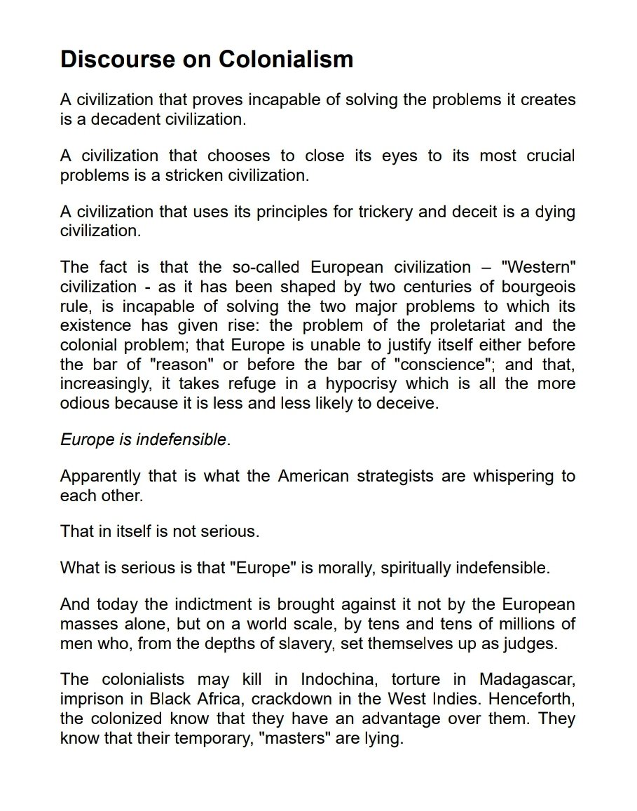 Aime Cesaire --->
'Discourse on Colonialism'