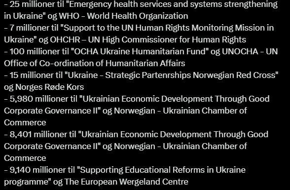<a href="/dust_2025/">DUST</a> har arbeidet godt og "avdekket" tildelinger for 2023 til kr. 2.855.113.100, altså nesten 2,9 milliarder kroner!
Her er rådataene. Som dere ser er alt på engelsk. Oversettelser av postene er det <a href="/dust_2025/">DUST</a> som gjør.

- 25 millioner til "Emergency health services and