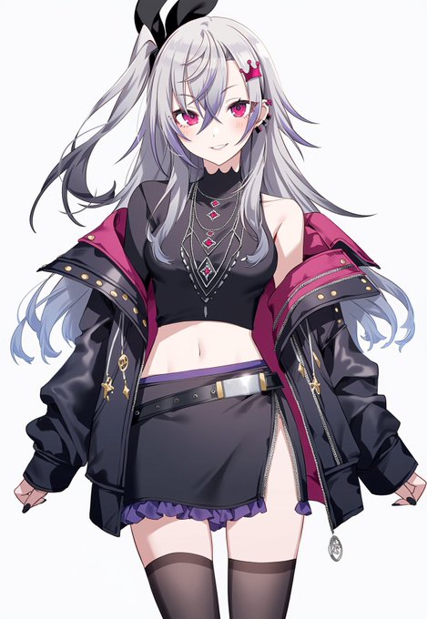 リオナちゃん 黒いスカート(本当はテールスカート)、片足スリット、へそ出し、ピッタリしたトップス、片方肩出し