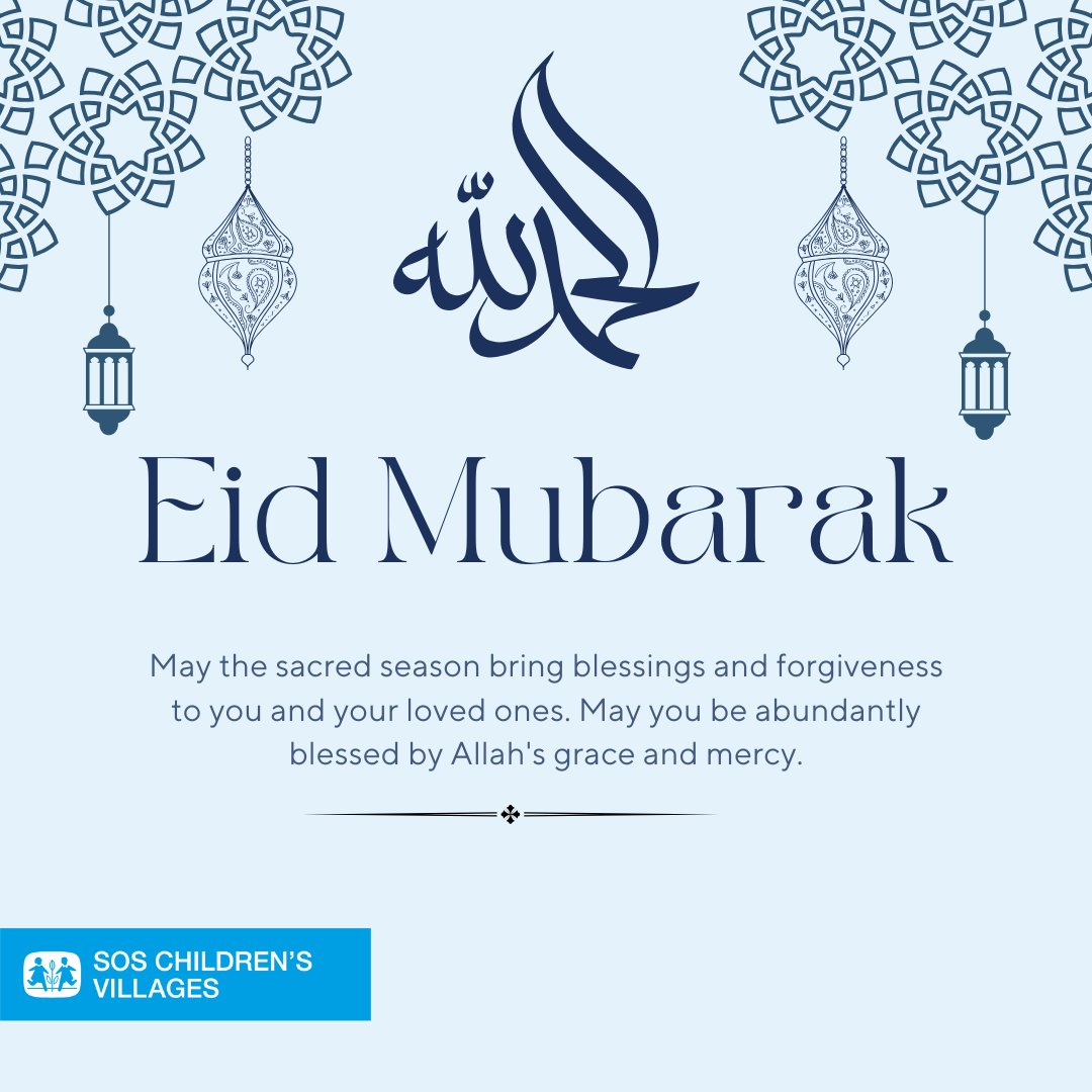 🌙✨ Eid Mubarak! ✨🌙
May this day bring you peace, joy, and abundant blessings as you commemorate the end of Ramadan.
May the spirit of compassion, unity, and generosity continue to guide us 
#EidMubarak  #PeaceandBlessings #WeareSOSChildrensVillages #EidElFitr #Nochildalone