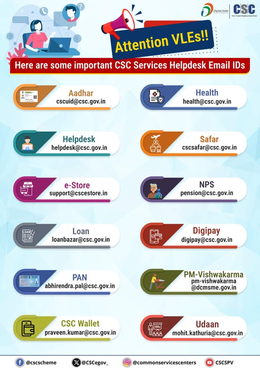 CSCegov_'s tweet image. Attention VLEs!!

Here are some important #CSC Services Helpdesk Email IDs...

If you have any queries regarding specific services, contact us thusingrough the email address provided.

#DigitalIndia #CSCHelpdesk #CSCServiceEmails #DigitalIndia #RuralEmpowerment #Helpdesk