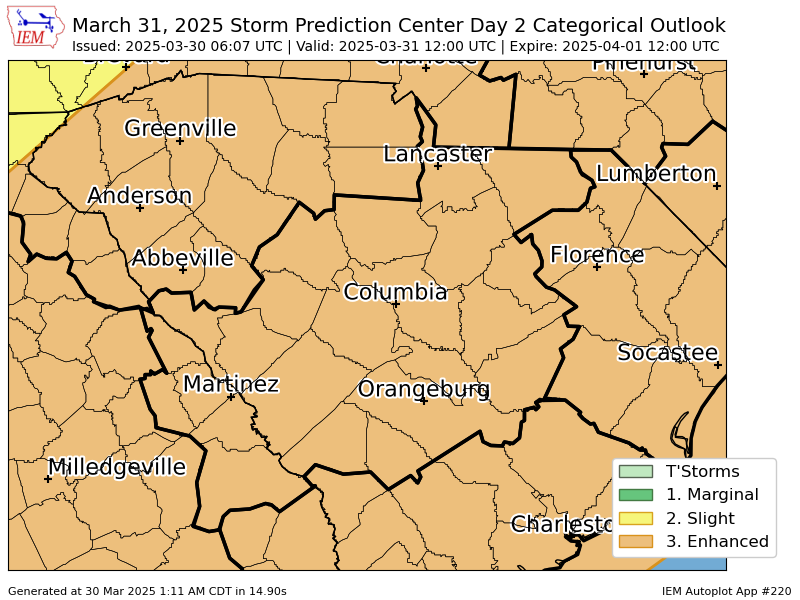 #SPC issues Day 2 Enhanced Convective Risk at Mar 30, 6:07z for CAE spc.noaa.gov/products/outlo…