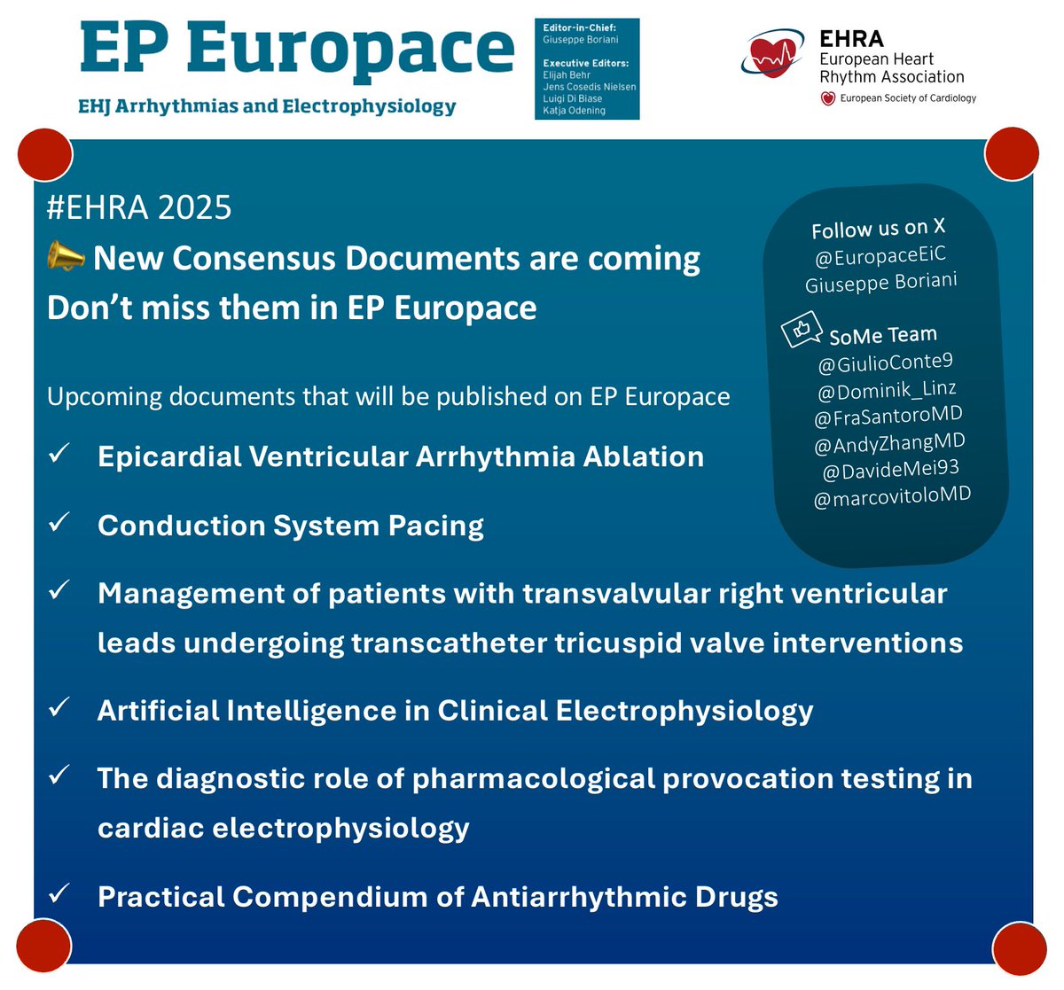 Europace Editor-in-Chief (@europaceeic) on Twitter photo #EHRA2025 ❤️
📣 New Consensus Documents are coming
📫Don’t miss them in #Europace⏰
🔗Discover all the documents 📚
academic.oup.com/europace
<a href="/GiulioConte9/">Giulio Conte</a> <a href="/Dominik_Linz/">Dominik Linz</a> <a href="/FraSantoroMD/">Francesco Santoro, MD, PhD</a> <a href="/AndyZhangMD/">Xiaodong Zhang (Andy), MD, PhD, FHRS, FACC</a> <a href="/DavideMei93/">Davide Mei</a> <a href="/marcovitoloMD/">Marco Vitolo Ⓜ️</a> <a href="/LuigiDiBiaseMD/">Luigi Di Biase</a> <a href="/escardio/">European Society of Cardiology</a> <a href="/EHRAPresident/">EHRAPresident</a> #EHRA2025 ❤️
📣 New Consensus Documents are coming
📫Don’t miss them in #Europace⏰
🔗Discover all the documents 📚
academic.oup.com/europace
<a href="/GiulioConte9/">Giulio Conte</a> <a href="/Dominik_Linz/">Dominik Linz</a> <a href="/FraSantoroMD/">Francesco Santoro, MD, PhD</a> <a href="/AndyZhangMD/">Xiaodong Zhang (Andy), MD, PhD, FHRS, FACC</a> <a href="/DavideMei93/">Davide Mei</a> <a href="/marcovitoloMD/">Marco Vitolo Ⓜ️</a> <a href="/LuigiDiBiaseMD/">Luigi Di Biase</a> <a href="/escardio/">European Society of Cardiology</a> <a href="/EHRAPresident/">EHRAPresident</a>
