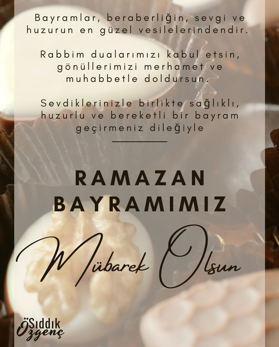 Bayramlar, beraberliğin, sevgi ve huzurun en güzel vesilelerindendir. 

Rabbim dualarımızı kabul etsin, gönüllerimizi merhamet ve muhabbetle doldursun. 

Sevdiklerinizle birlikte sağlıklı, huzurlu ve bereketli bir bayram geçirmeniz dileğiyle.

Ramazan Bayramımız mübarek olsun!