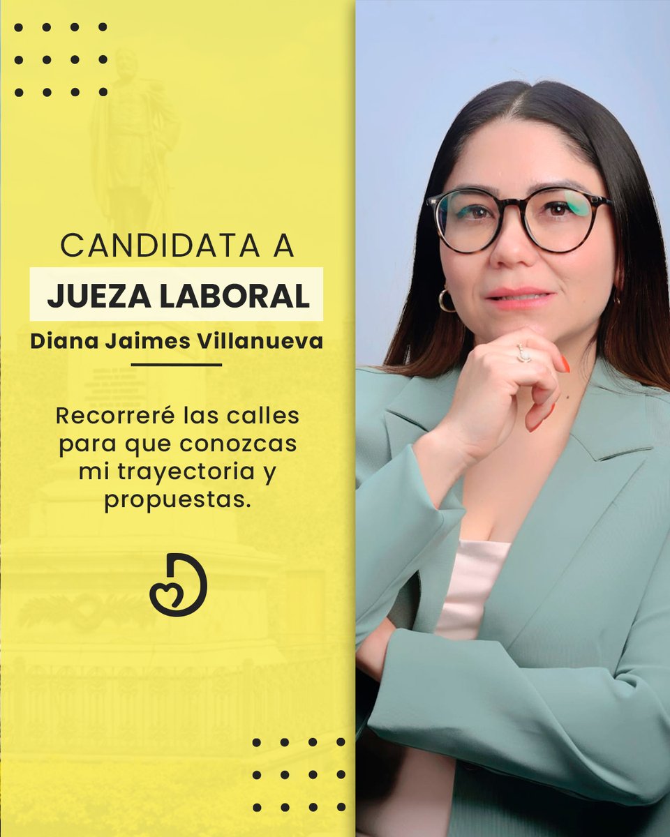 👩‍⚖️ Soy Diana Jaimes Villanueva, candidata a Jueza Laboral.

Muy pronto estaré recorriendo las calles para acercarme a ti, escuchar tus inquietudes y contarte mis propuestas.

Porque la justicia también se construye desde la calle, contigo.

🗳️ Conóceme. Infórmate. Participa.