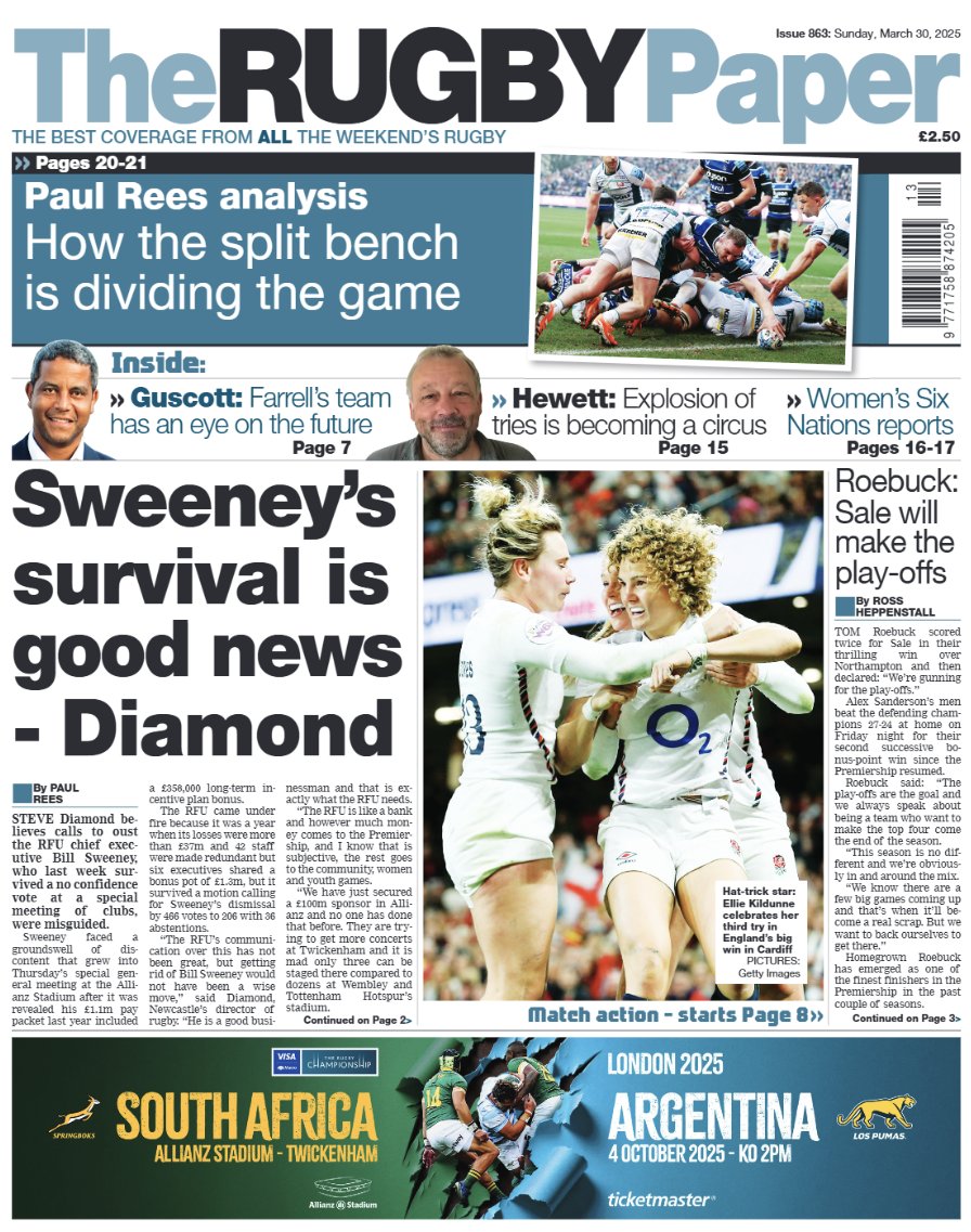 🗞️ 𝐅𝐑𝐎𝐍𝐓 𝐏𝐀𝐆𝐄 🗞️

👀 Bill Sweeney survives vote of no confidence
🦈 Tom Roebuck - Sale will make the playoffs
✍️ Full coverage from ALL of the weekend's action

And MUCH more from across the rugby world...

The Rugby Paper is on sale NOW! Grab a copy or subscribe online