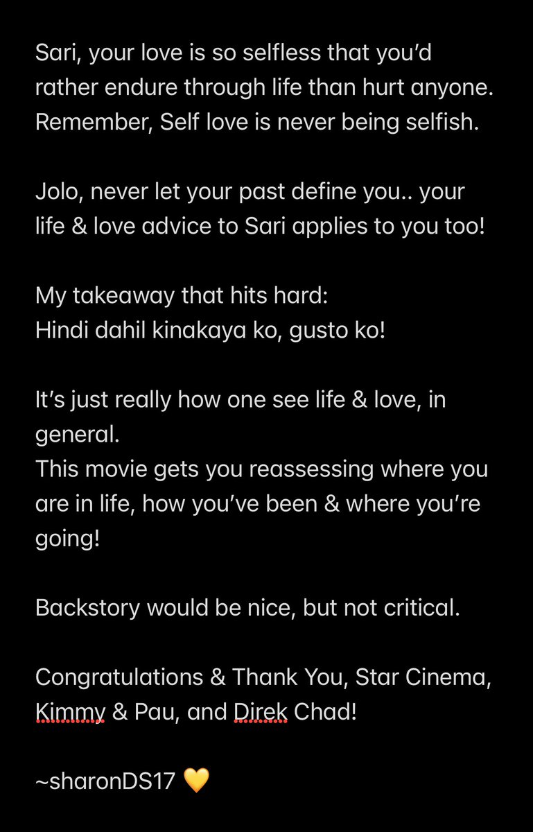 sharonDS17's tweet photo. Not that anyone cares, but here goes my takeaway from the movie! 

Thank you @StarCinema &amp; #KimPau 
@mepauloavelino @prinsesachinita 

Cheers, to making more movies or series that people can learn from &amp; relate to!

#MyLoveWillMakeYouDisappear 
#KimChiu | #PauloAvelino https://t.co/3cUmTqRVKq