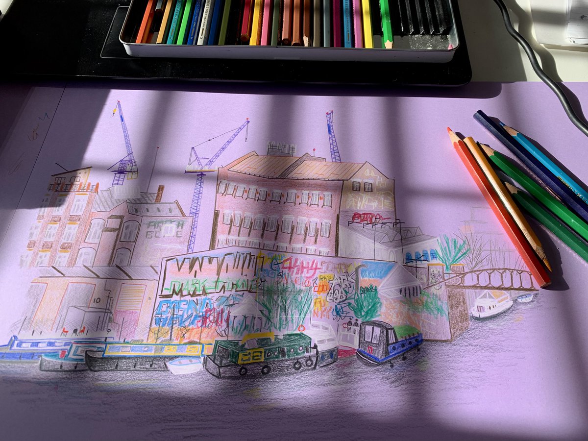 This scene from Hackney Wick caught my eye last weekend. 
I enjoyed drawing it, sitting in the sun in my art room and listening to my soulful music. 
#dailydrawing #hackneywick #London #urbanlandscape #ArtistOnTwitter #ArtistOnX #thedailysketch