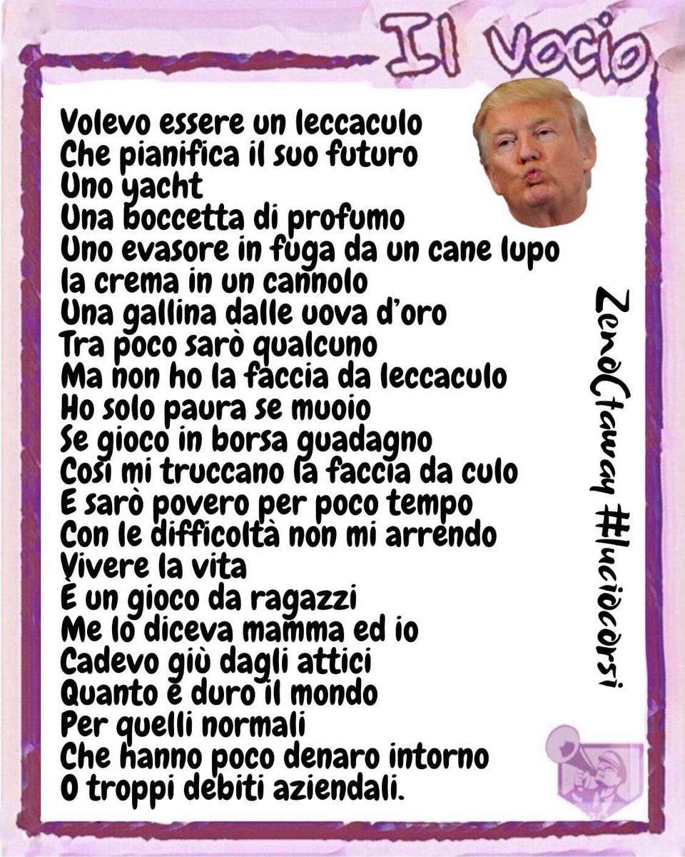 Zeno Cataway <a href="/zenocataway/">Zeno Cataway</a>
#30marzo #zenocataway #ilvocio #luciocorsi #parodia #volevoessereunduro #Trump #leccaculo #yacht #uova #debitiaziendali #evasore