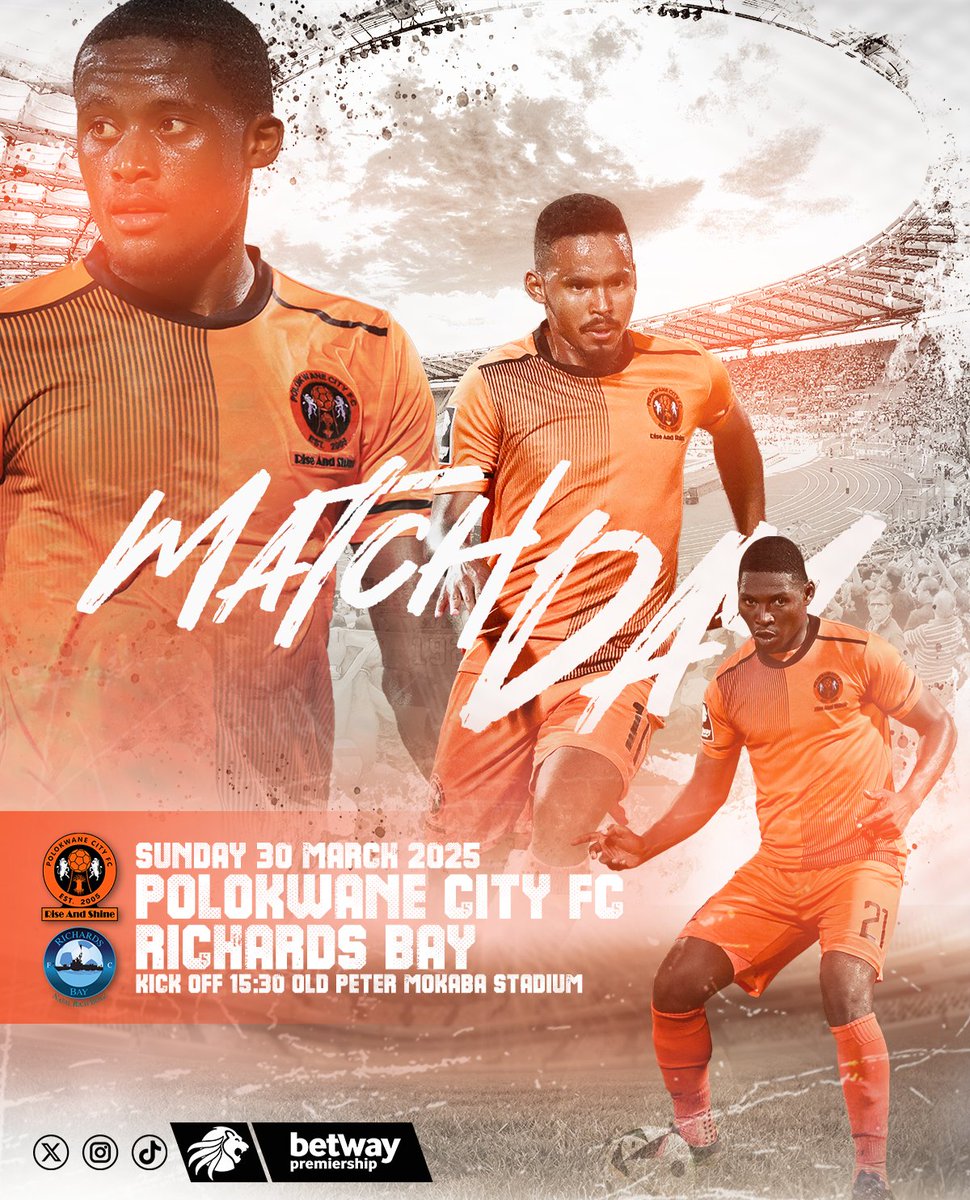 Match Day 
#BETWAYPREM 🏆
Polokwane City FC 🍊V⛱️Richards Bay FC
📆30th March
🏟️ Old Peter Mokaba Stadium
🎫R40
🎟️VIP R450 
⚽️Kick-Off 15:30PM
📺Supersport SS Diski 
🤳Showmax Sports
#RiseAndShine
#polokwanecityfc
#PrideofPolokwane 
#OrangeArmy🍊