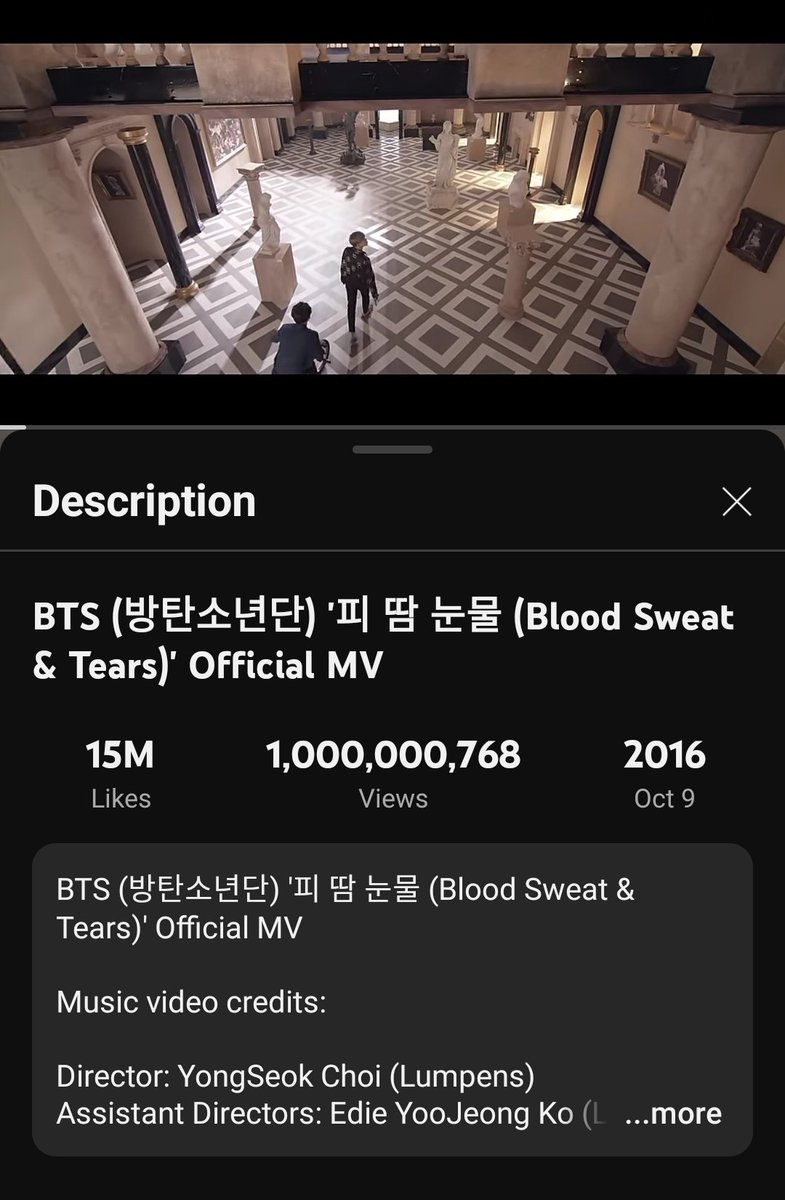 BerthaBorneo's tweet image. Blood Sweat &amp;amp; Tears MV finally reach 1 billion views!!!
Congratulations @BTS_twt !!!!
#BSTto1B #BST1Billionviews #BSToneBillionviews #BST1Billiononyoutube