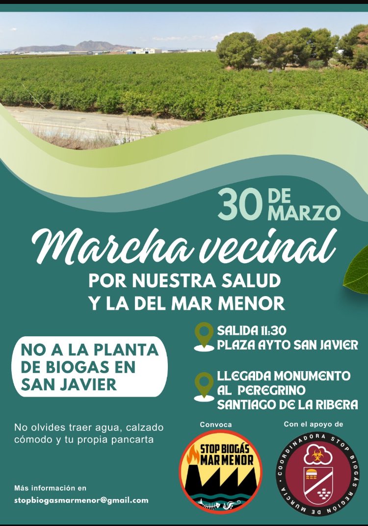 👉Este domingo arranca con sendas manifestaciones vecinales contra las plantas de biogás en Molina de Segura y en San Javier. 
👉En Molina de Segura los empresarios de La Polvorista llevarán su propia pancarta.