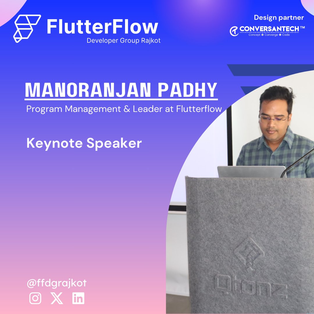 Manoranjan Padhy's keynote was truly inspiring! 🌟 He painted a brilliant picture of the future of app development with FlutterFlow. We're leaving with a renewed sense of vision! Thank you, Manoranjan! #FFDGRajkot #KeynoteSpeaker #FlutterFlow