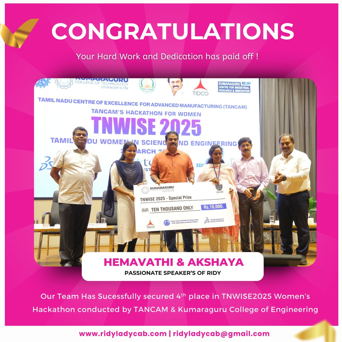 ridyladycab's tweet photo. A Heartfelt Thanks to Akshaya &amp; Hemavathi! 💙✨

Ridy Lady Cab’s 4th place victory at TNWISE 2025 wouldn’t have been possible without the dedication and hard work of Hemavathi &amp; Akshaya from Dhaanish Ahmed College of Engineering! 🚀 https://t.co/QzeNIG85w9