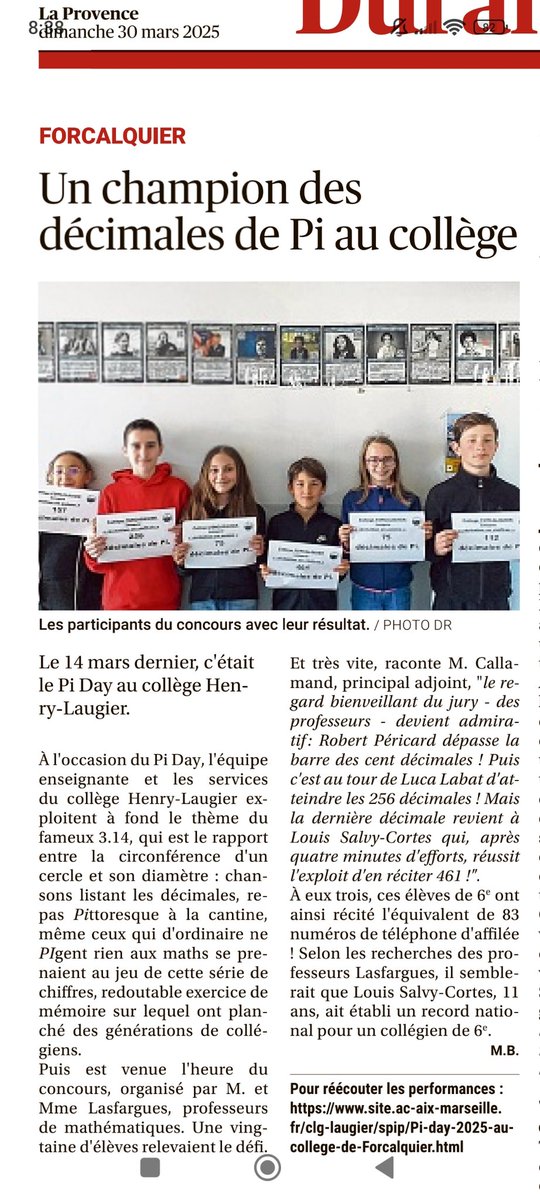 ⚠️461 décimales de Pi récitées par un élève de 6ème 👏🏼👏🏼
Bravo aux élèves qui se sont pris au jeu, savamment guidés par leurs professeurs ! #PiDay 
Vive les #maths !